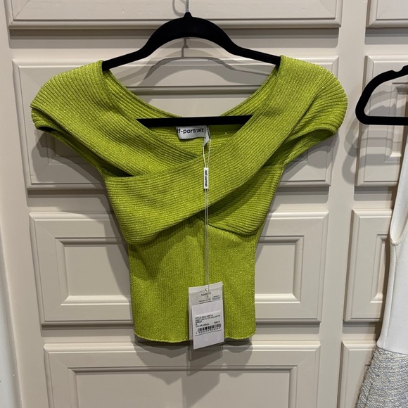 Self-Portrait Tops - Self-Portrait Neon Lime Off-Shoulder Ribbed Crop Top